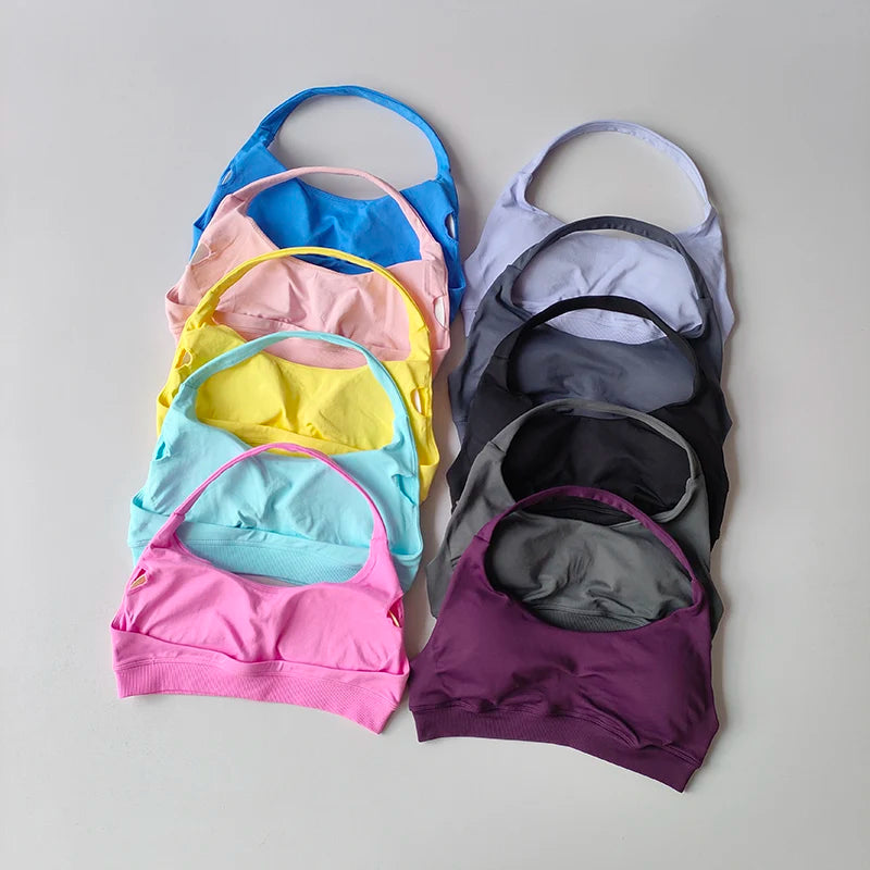 Sports Bra Women Shockproof Seamless Halter Top High Support Push-up Open Back Gym Wear Fitness Workout