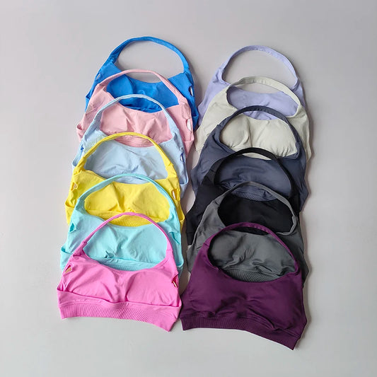 Sports Bra Women Shockproof Seamless Halter Top High Support Push-up Open Back Gym Wear Fitness Workout